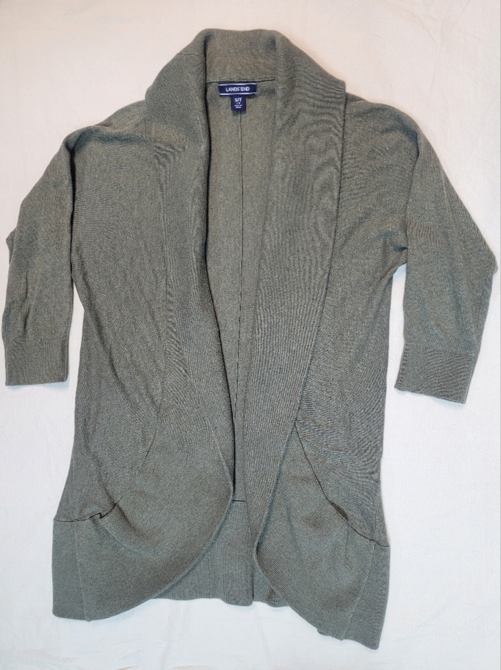 Lands' End 3/4 Length Sleeve Open Shawl Cardigan Olive Green W/ Pockets, Sm Tall